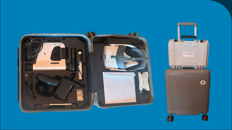An open suitcase on the left, and a closed suitcase on the right.