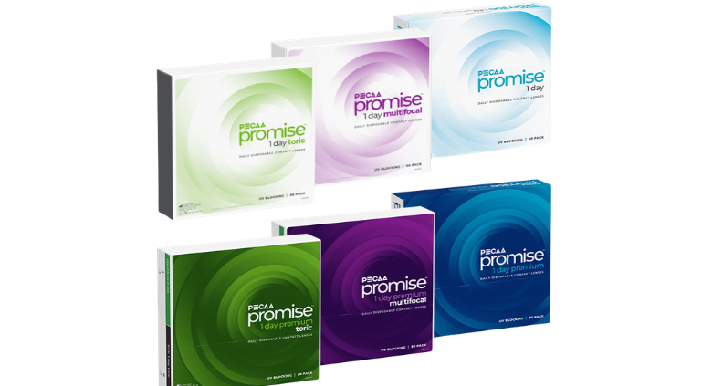 An image of the six types of PECAA promise 1 day brand family of contact lenses.